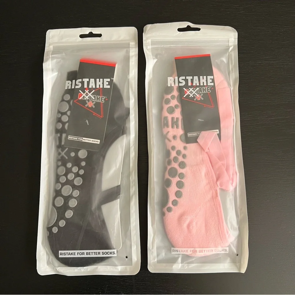 Set of 2 Non Slip Grip Socks Black and Pink Pilates Yoga Barre Ballet Style New